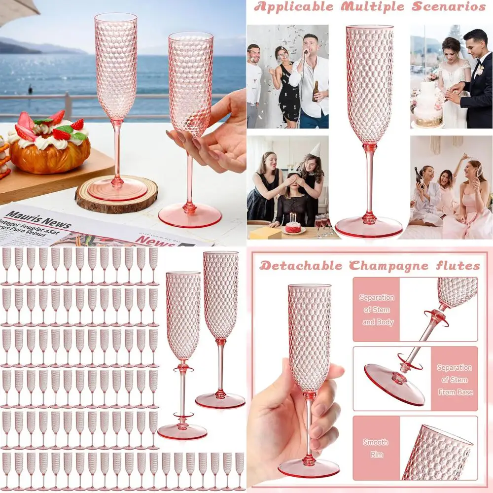 

100 Pack 2-Piece Pink Detachable Champagne Glasses, 5.5 Oz Unbreakable Plastic Mimosa Cups, Reusable Stemmed Wine Toasting Glass