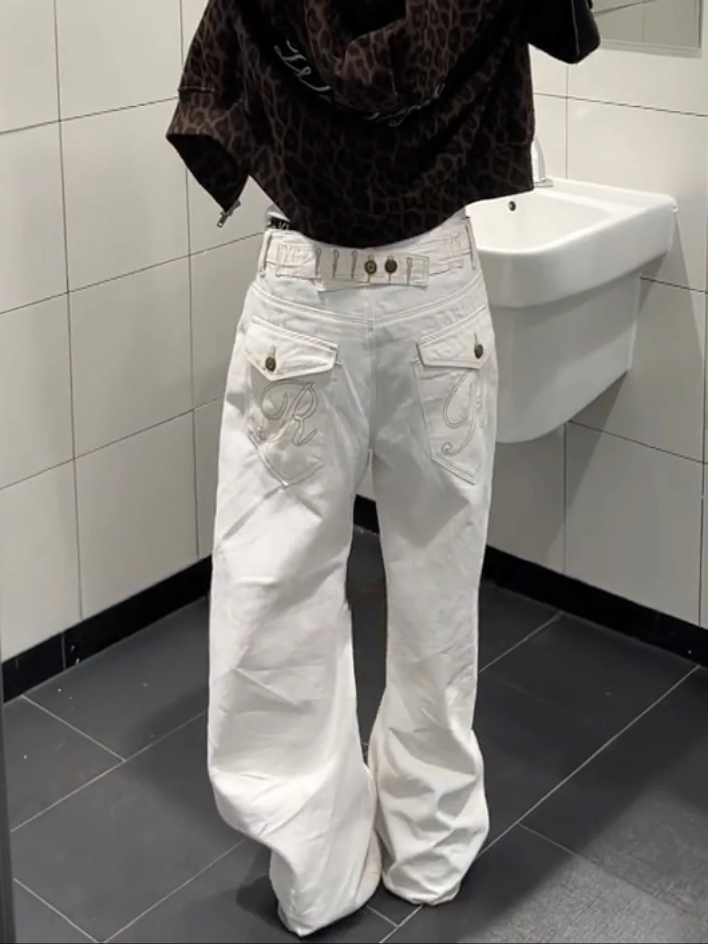 

plus Size American Retro Paris Button White Denim Pants Men Women Design Sensation High Waist Loose Wide Leg Long Trousers