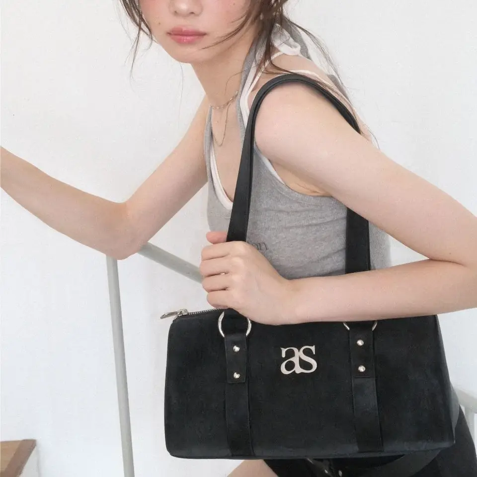 Korean Japan Ason Bag Black AS Leather Sweet Spicy Embroidered