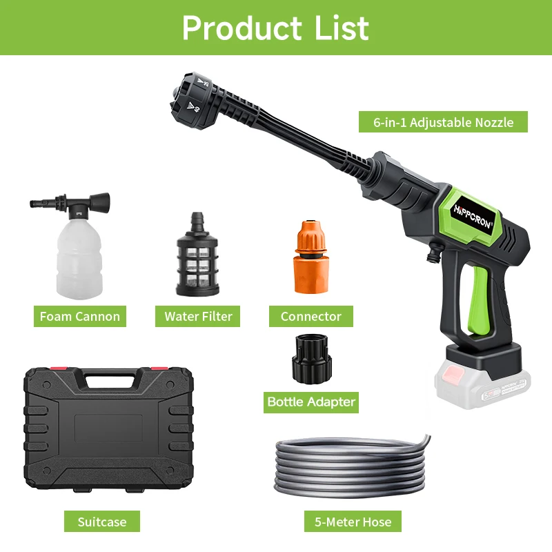 HIPPCRON Hochdruck 6-in-1 Autowaschpistole Bürstenloses Tragbares Elektrisches Reinigungswerkzeug für Haus und Garten Für Makita 18V Ohne Akku – Detail 9