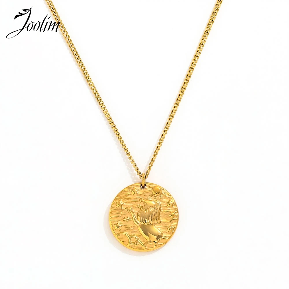 

Joolim Jewelry Wholesale Waterproof Hypoallergenic Fashion Retro Lion Embossed Coin Pendant Stainless Steel Necklace for Women