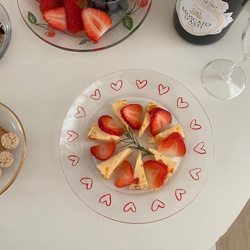 

Letters Heart Print Glass Plate Transparent Round Cake Plates Fashion Dessert Dishes Home Kitchen Creative Tablewares Plate