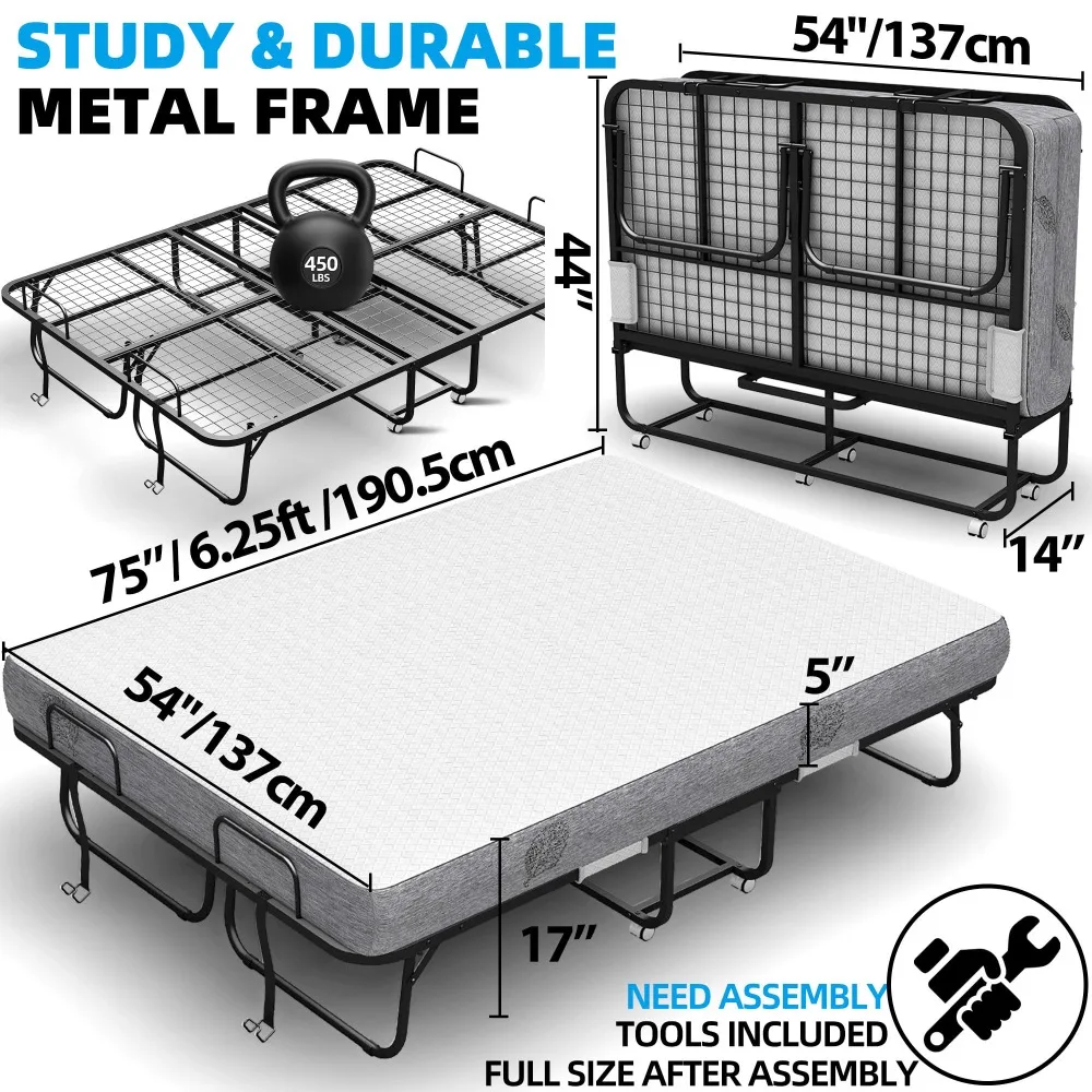 Folding Bed with Mattress Full Size 75 X 54 inch for Adults Extra Large Foldable Rollaway Portable Fold Up Guest Spare