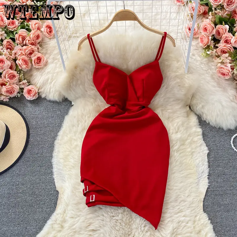 WTEMPO Sexy Women Summer Dress Solid Irregular Hip Wrap Red Dress Backless V-neck High Waist Slim Sleeveless Party Dress