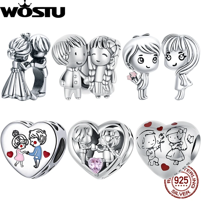 WOSTU 925 Sterling Silver Little Boy &  Girl Charm Lovely Heart Beads Fit Original Bracelet DIY Friendship Birthday Jewelry Gift