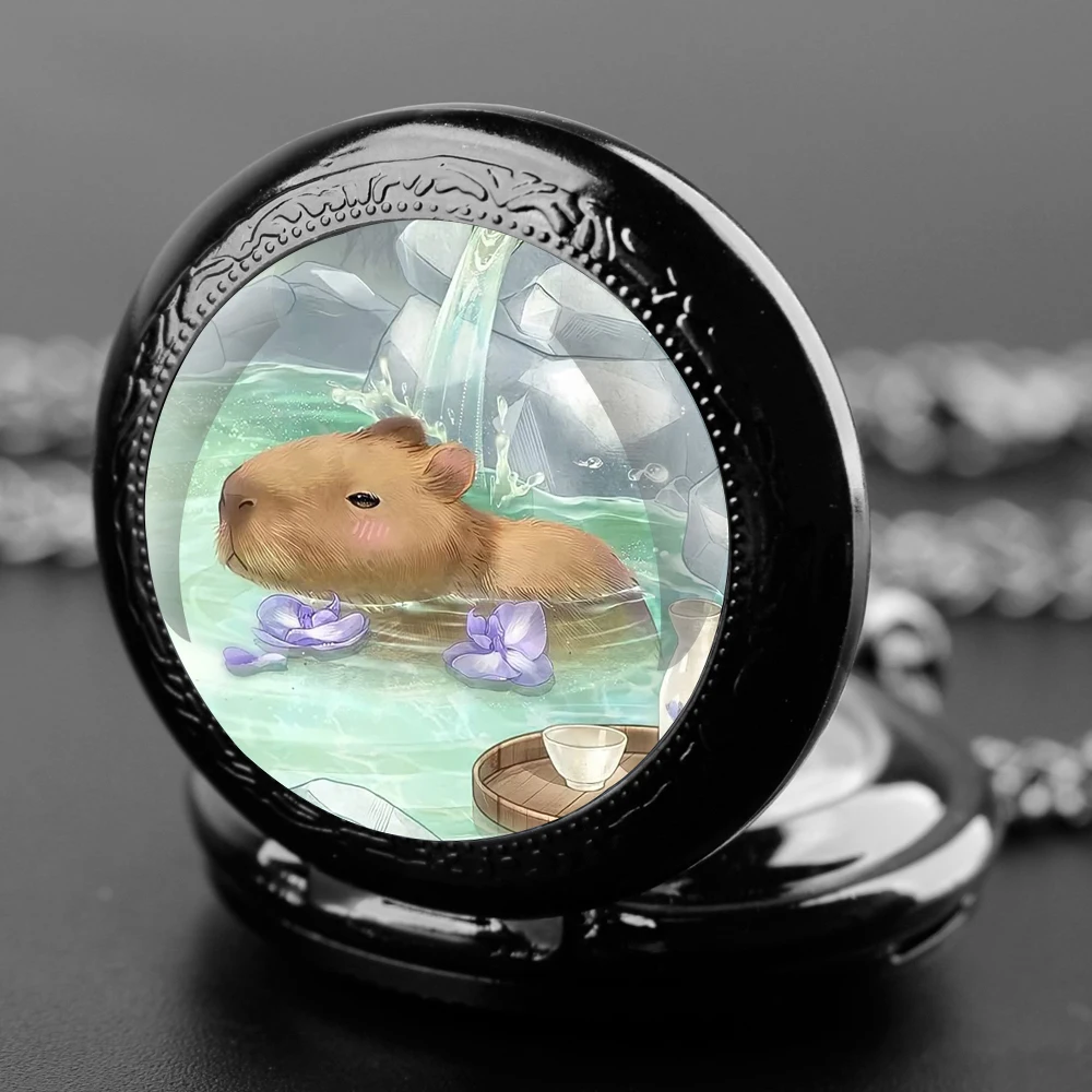 Capybara Bath Fun Design Glass Dome Quartz Pocket Watch with Arabic Numerals Dial Durable Chain Perfect For Easter Gifts