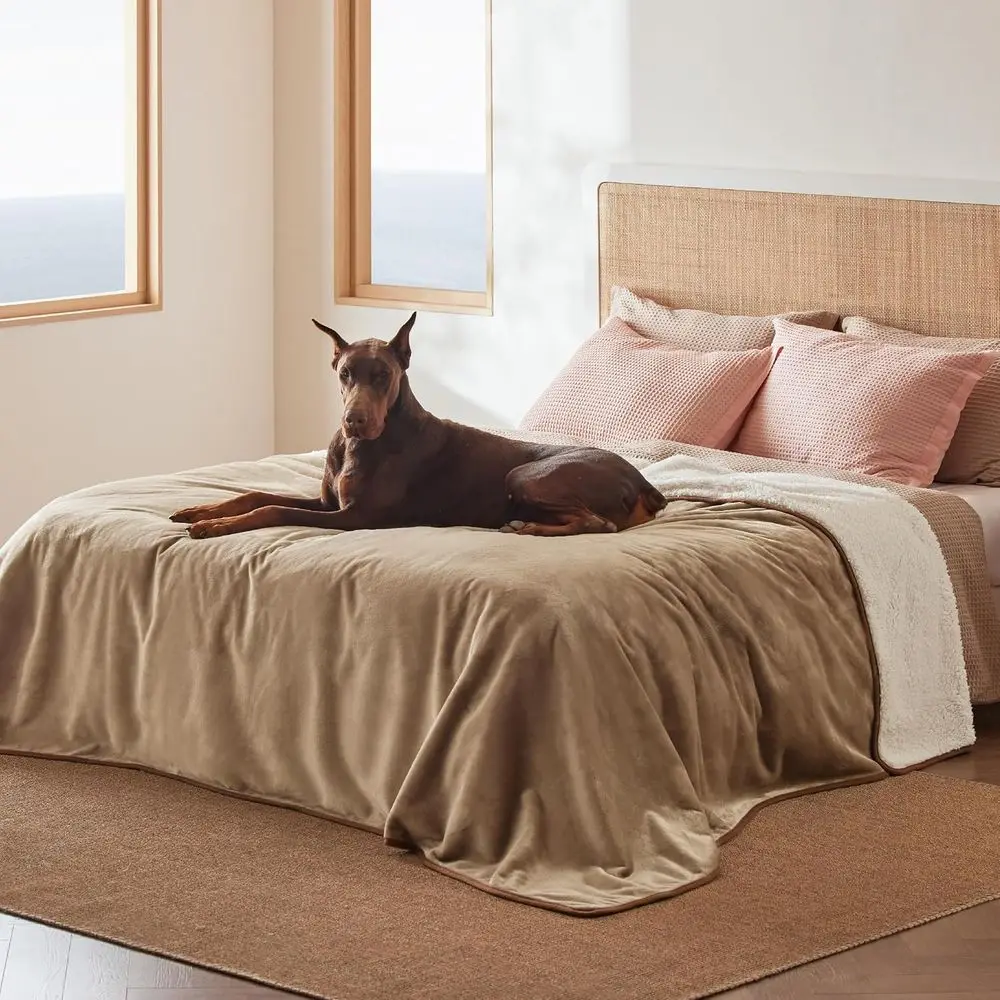 

King Size Reversible Sherpa Fleece Dog Blanket & Furniture Protector, 108x86, Camel