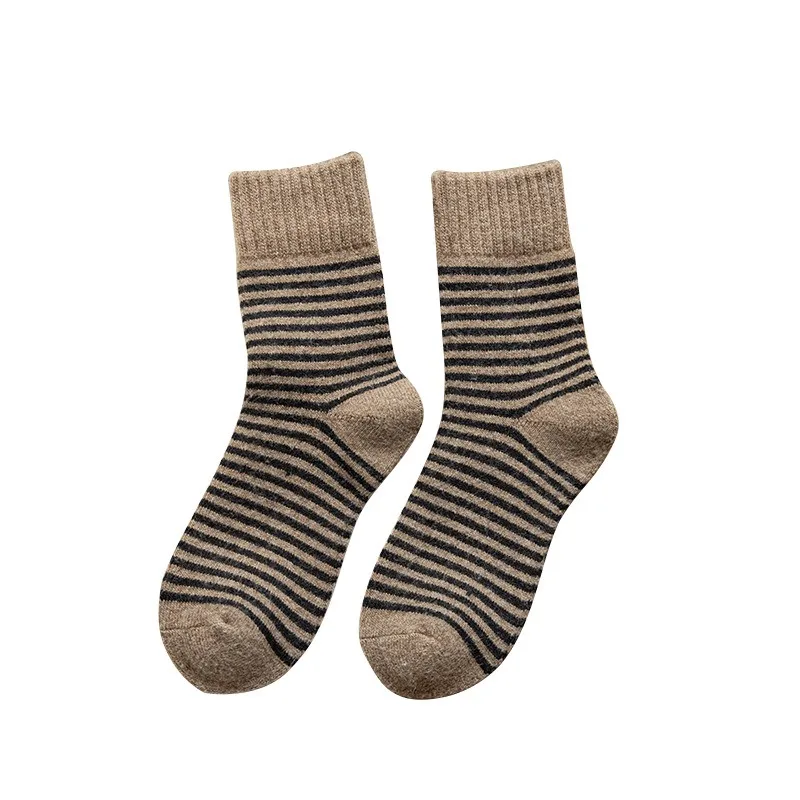 5 paires de chaussettes thermiques à rayures mi-mollet pour femmes, épaisses et chaudes, automne-hiver, chaussettes d'école en tricot thermique pour filles, vente en gros