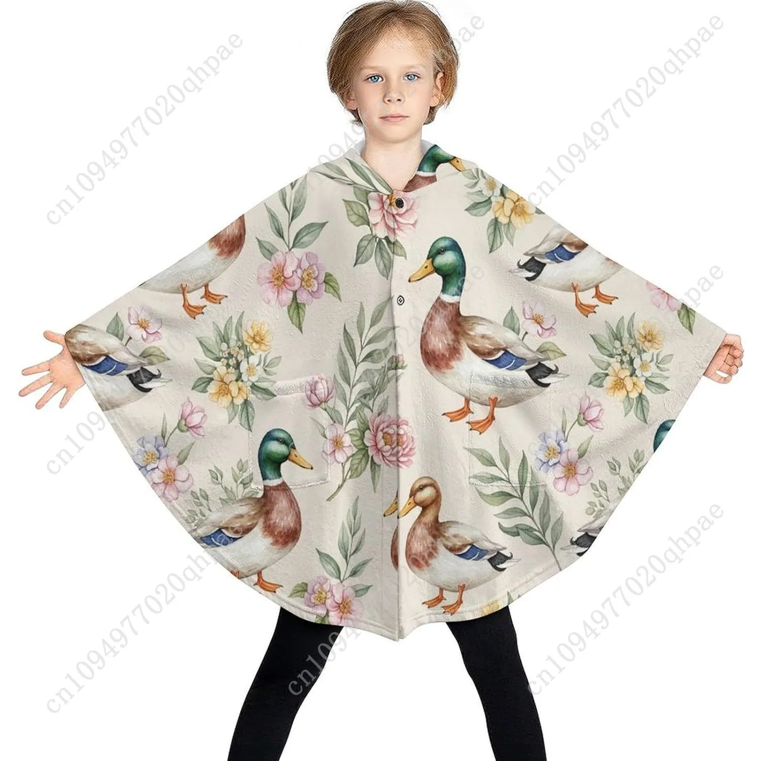 Przytulny sweter-koc z flaneli, bluza z kapturem oversize z kaczkami, kwiatami i liśćmi, z kieszeniami dla dzieci i nastolatków.