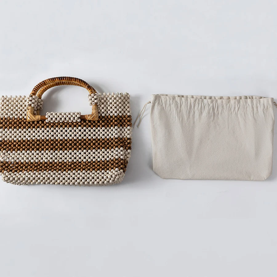 Panelled woven women's bag Large capacity bamboo handle wooden bead handbag summer design beach vacation hollow out clutch purse