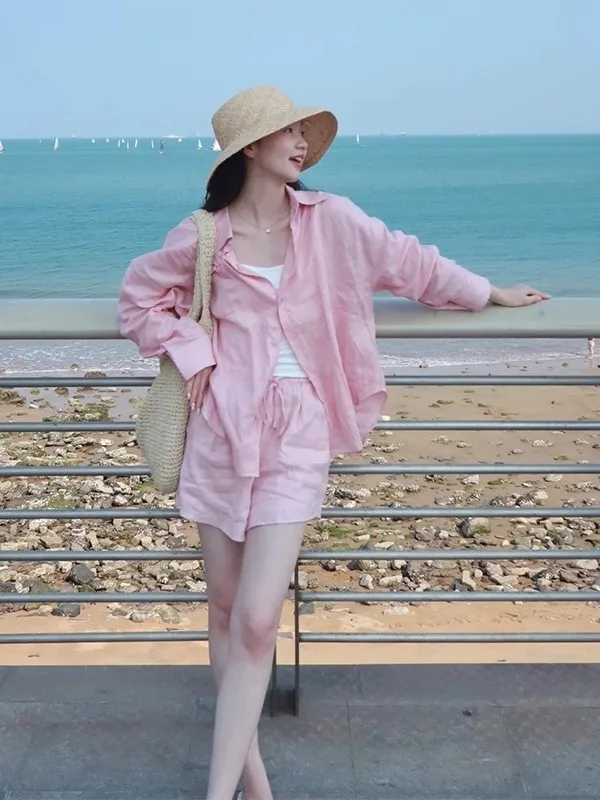 

High-End Cotton Linen Women's irt Set Casual Sport Summer Faionable Linen Sunscreen Pink irt Two-Piece Set