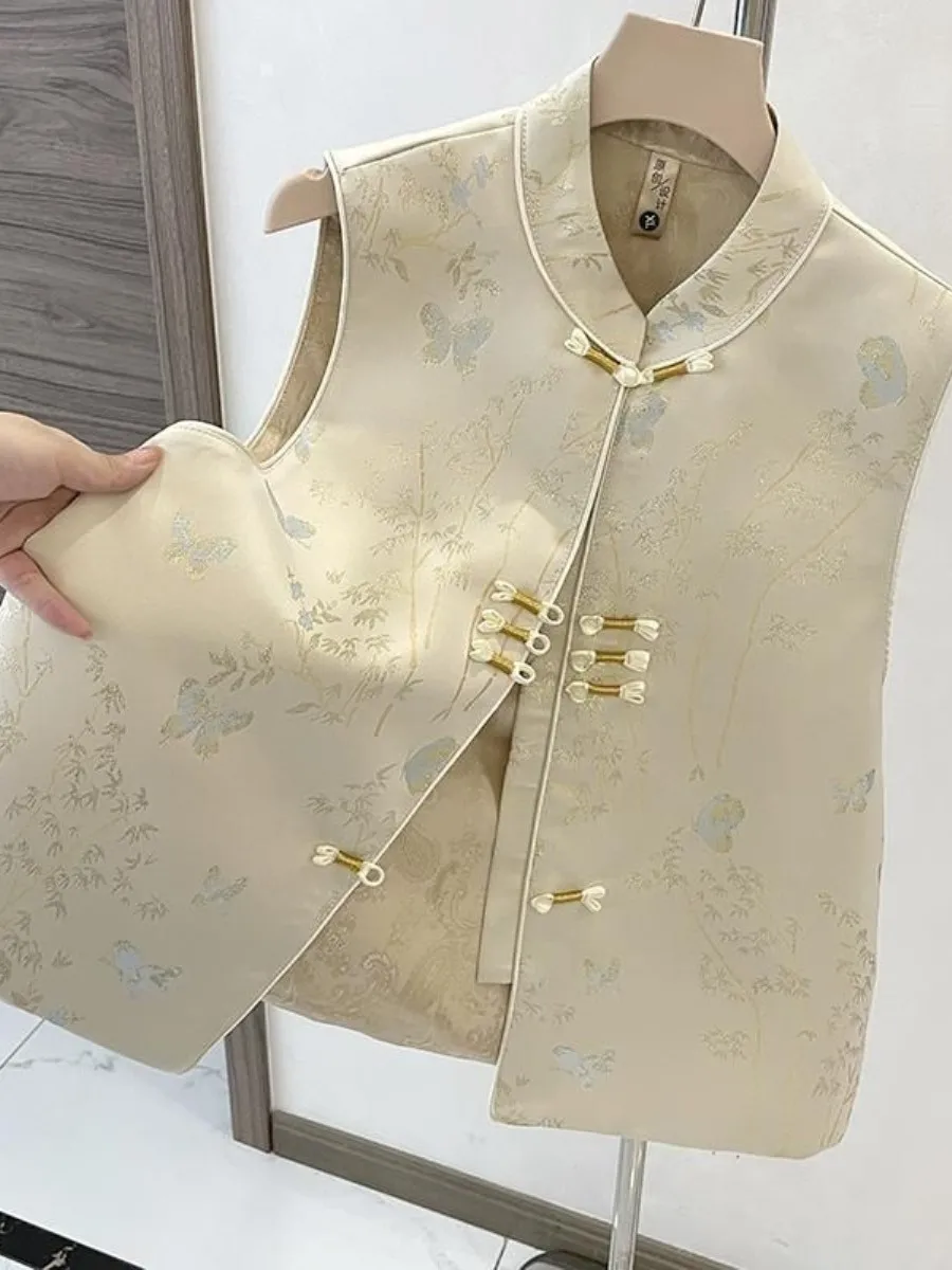 new-chinese-style-women's-vest-spring-autumn-high-end-fabric-button-back-fashionable-internet-red-two-piece-set