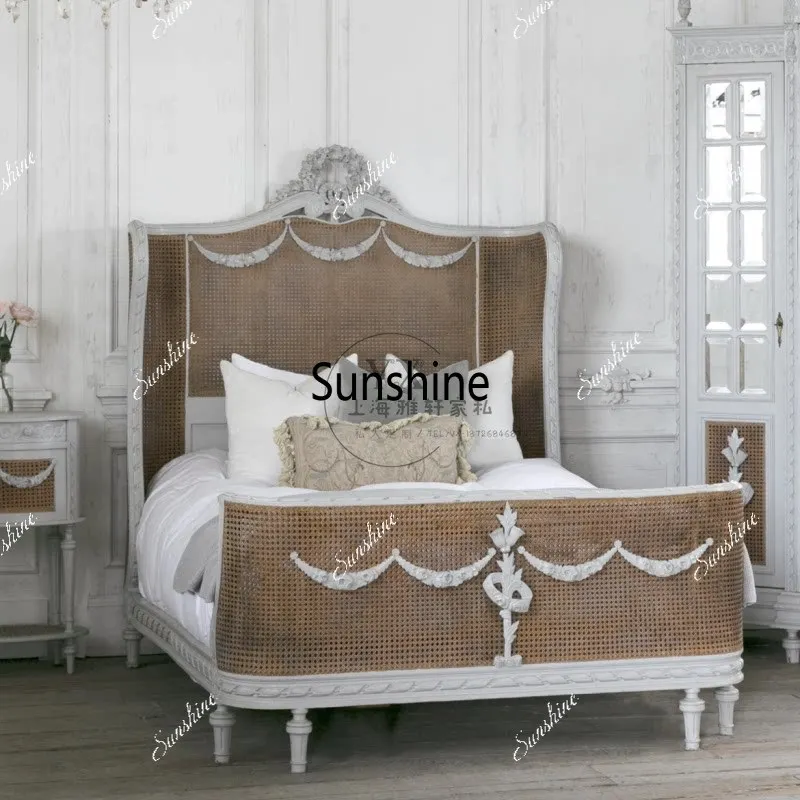 French rattan solid wood high-end old retro high-back princess bed