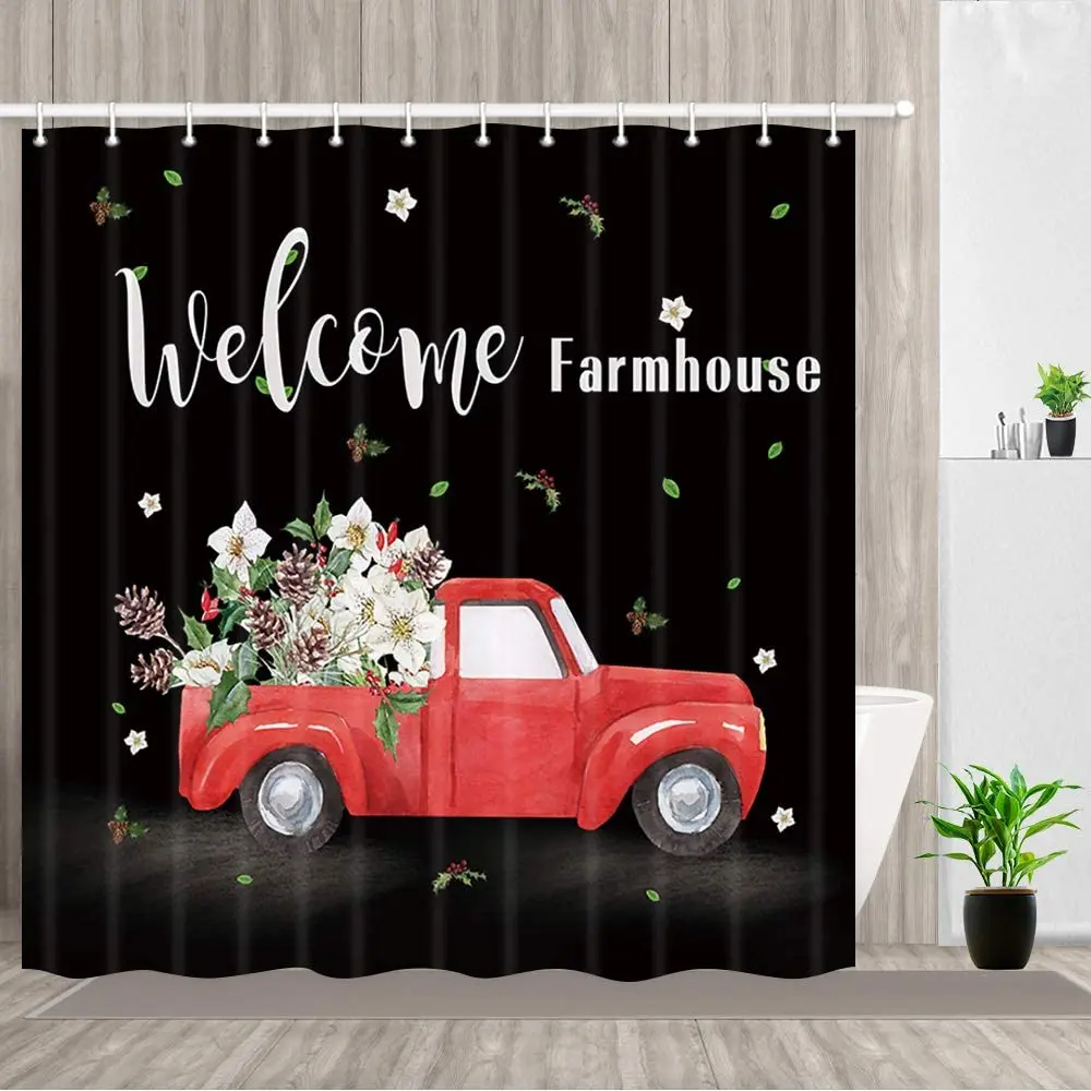 Farmhouse Christmas Shower Curtain Set Truck Holly Hellebore Flowers Fir Branches with Hooks Bathroom Decor Bath Curtains