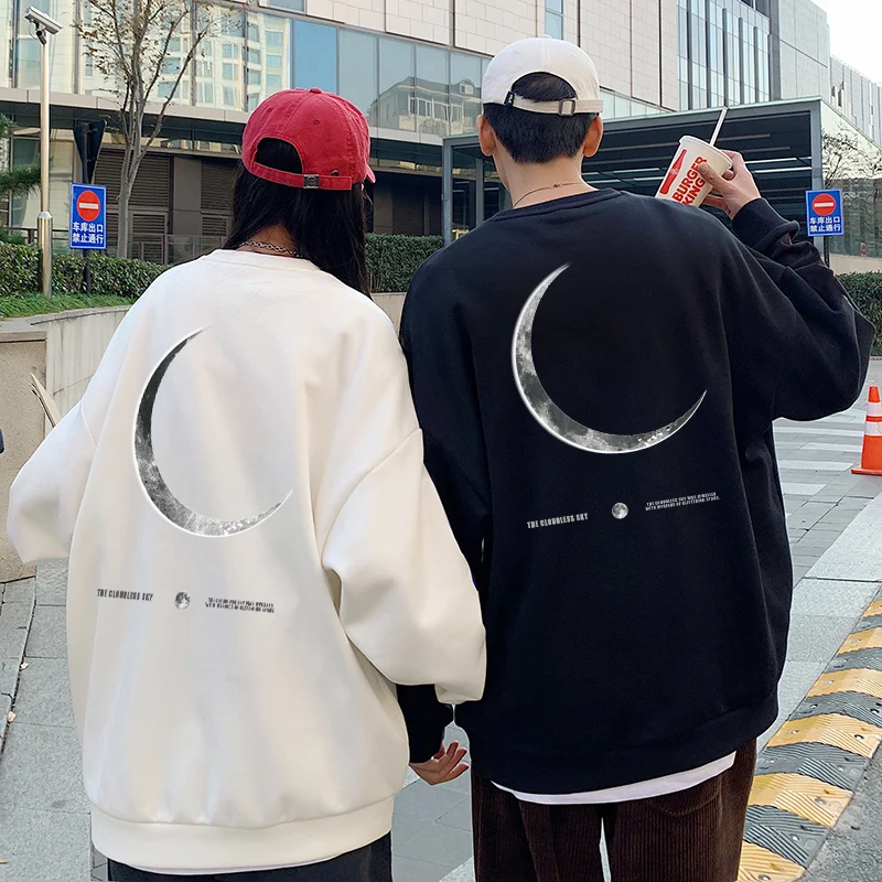 2023 New Moon Print Round Neck Men Women Hoodies Sweatshirt 500g Cotton Autumn Winter Pullover Streetwear For Couple Costume