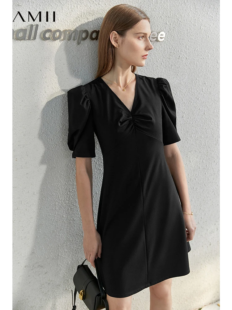 

Amii Minimalism Fashion Vintage Dresses for Women 2022 Summer V-neck Puff Sleeves Slim Folds Aline Midi Dress Vestidos 12220030