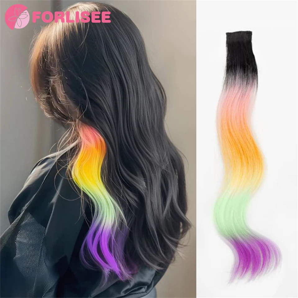 

FORLISEE Synthetic Ear-hanging Dyed One-piece Rainbow Color Big Wave Seamless Thin Long Straight Hair Colorful Hair Piece