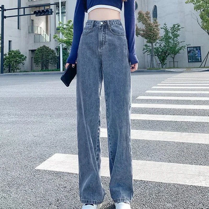 

Casual High Waist Straight Jeans Woman Blue Pockets Baggy Wide Leg Pants Woman 2025 Spring Autumn Zipper Button Jeans Female