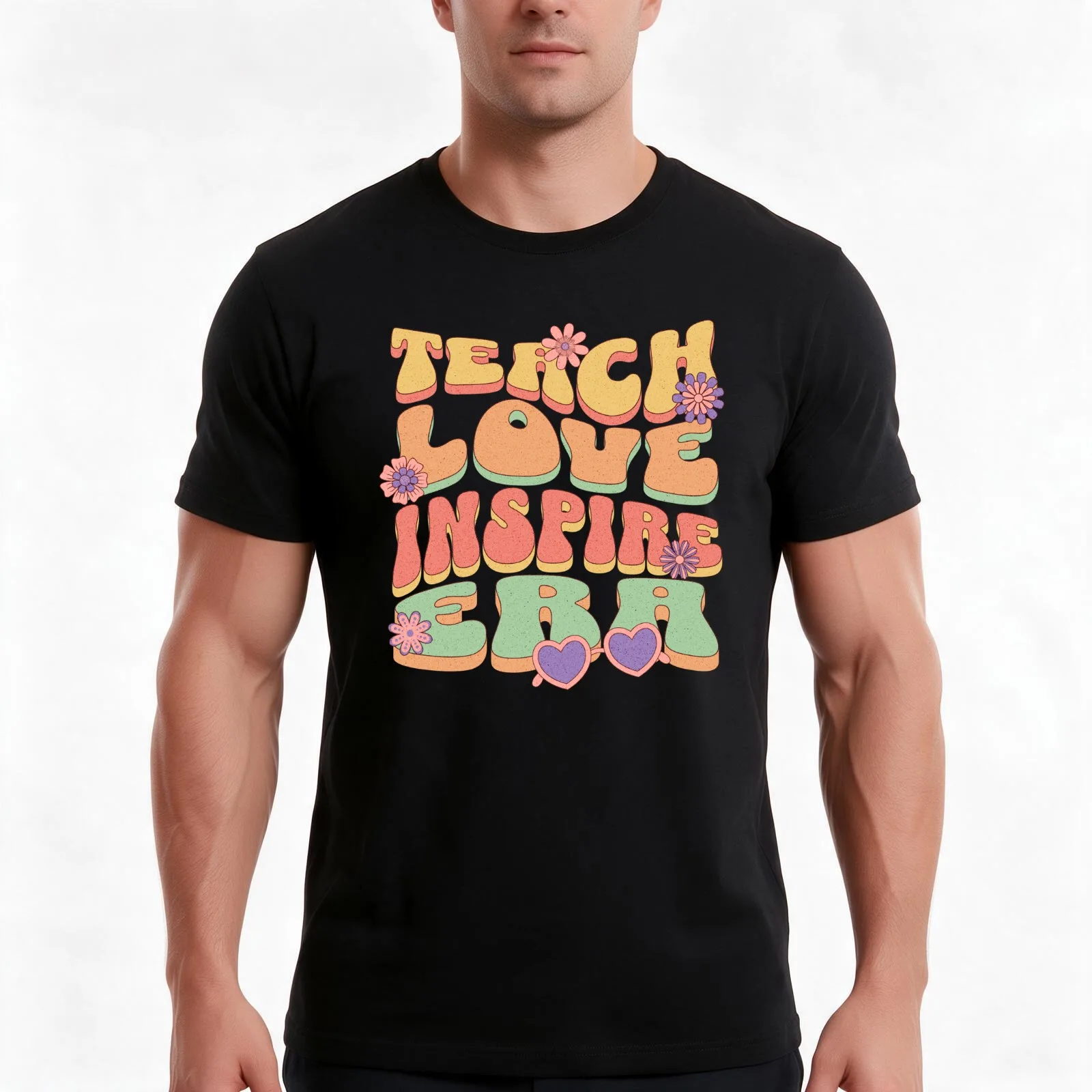 Teach Love Inspire era Back to School First Day Teacher Squad Retro 70s T-Shirt Summer Casual Cotton Tee Unisex Men Women
