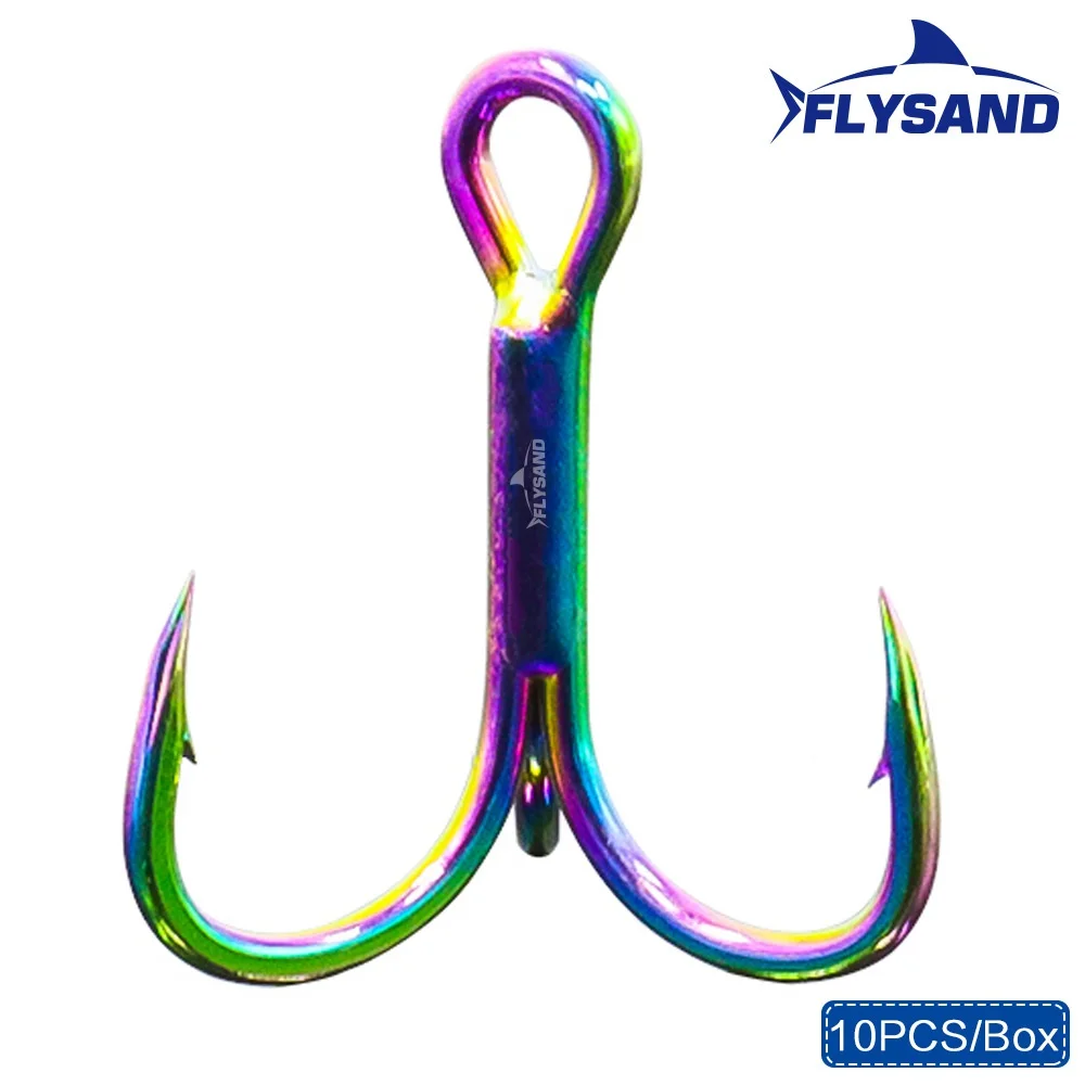 FLYSAND 10Pcs/Box Treble Fishing Hook Stainless Steel Saltwater Freshwater Colourful Rainbow Anchor Three Hooks #4 #6 #8 #10