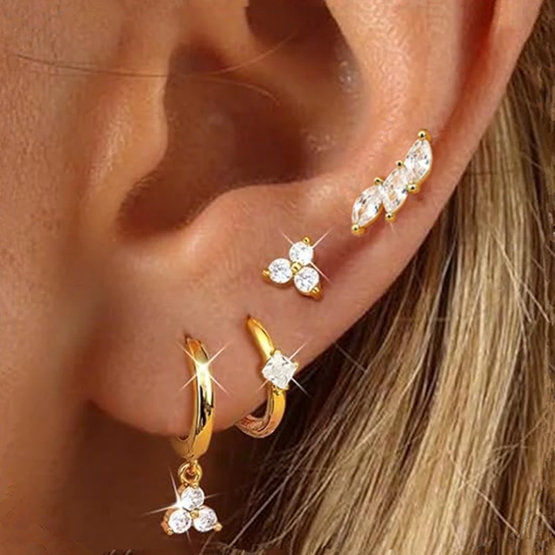4Pcs Crystal Tragus Stud Earring Set For Women Fashion Twist Lobe Huggie Hoop Earring Bulk Leaf Cartilage Piercing Helix Jewelry