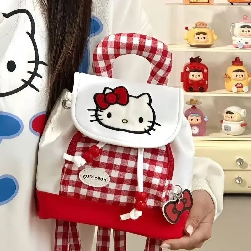  Kawaii Hello Kitty Backpack for Women Nylon Fabric School Bag with Bow Tie Pendant Portable Lightweight