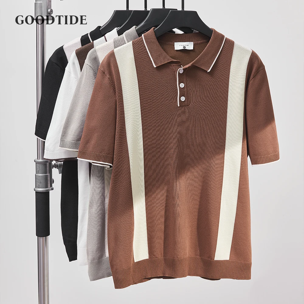 

Men's Summer Business Knit Short Sleeve Polo Shirts Streetwear Button-down Breathable Striped Fashion Light Luxury Retro Shirts