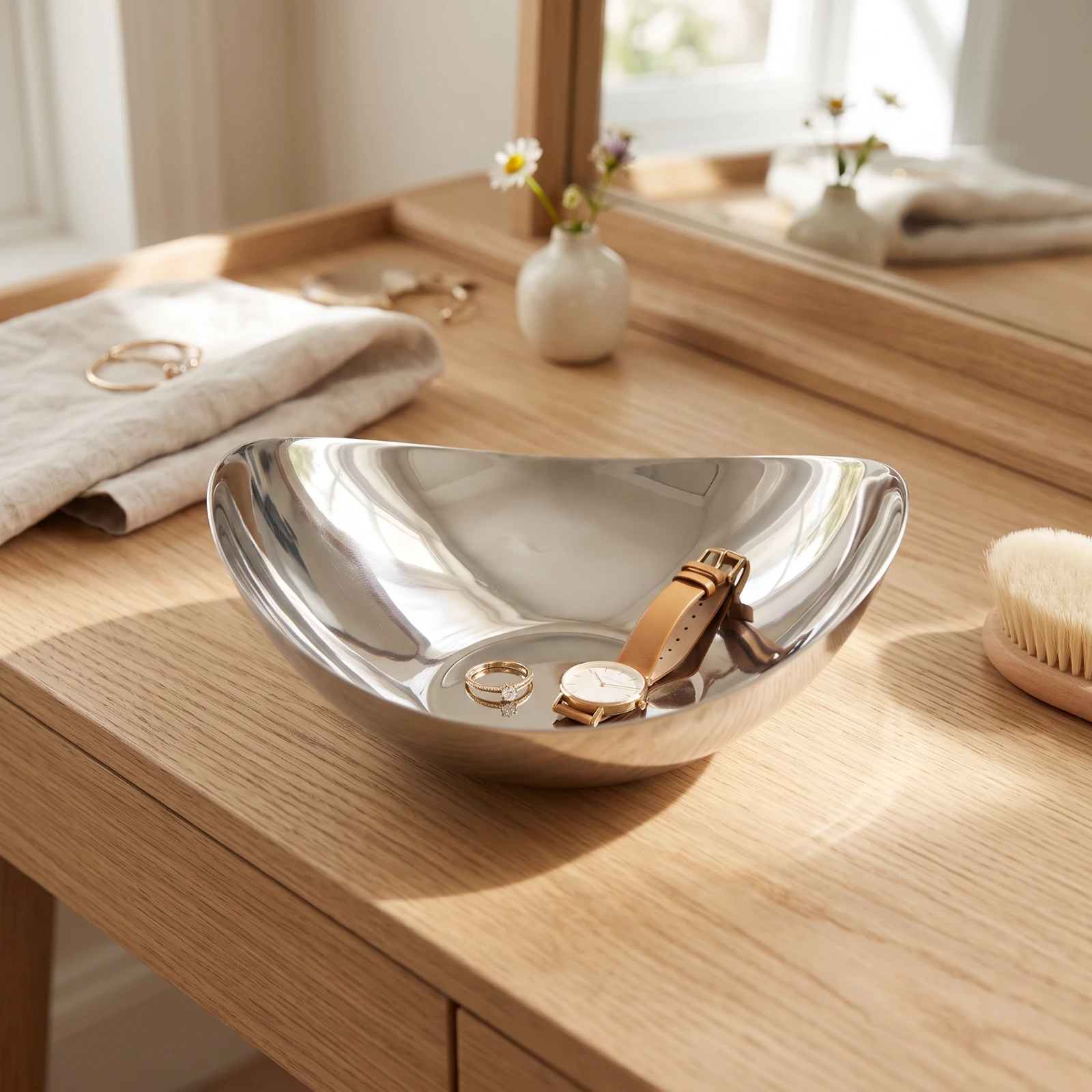 Bol en acier inoxydable, finition miroir réfléchissant, plat de service peu profond, élégant pour table, table basse