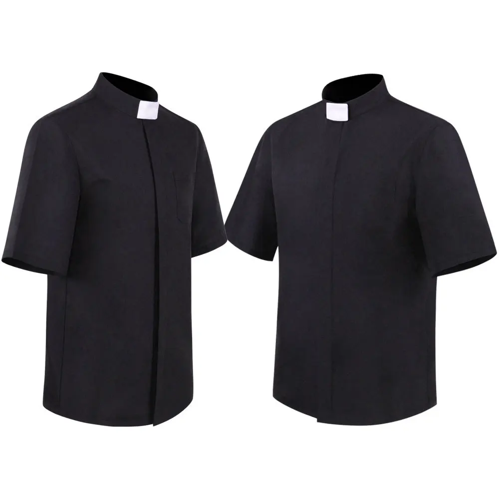 COLDKER Priest Collar Shirt Men Clergy Stand-up Catholic Church Minister Preacher Summer Short Sleeve Tops Roman Blouse S-5XL