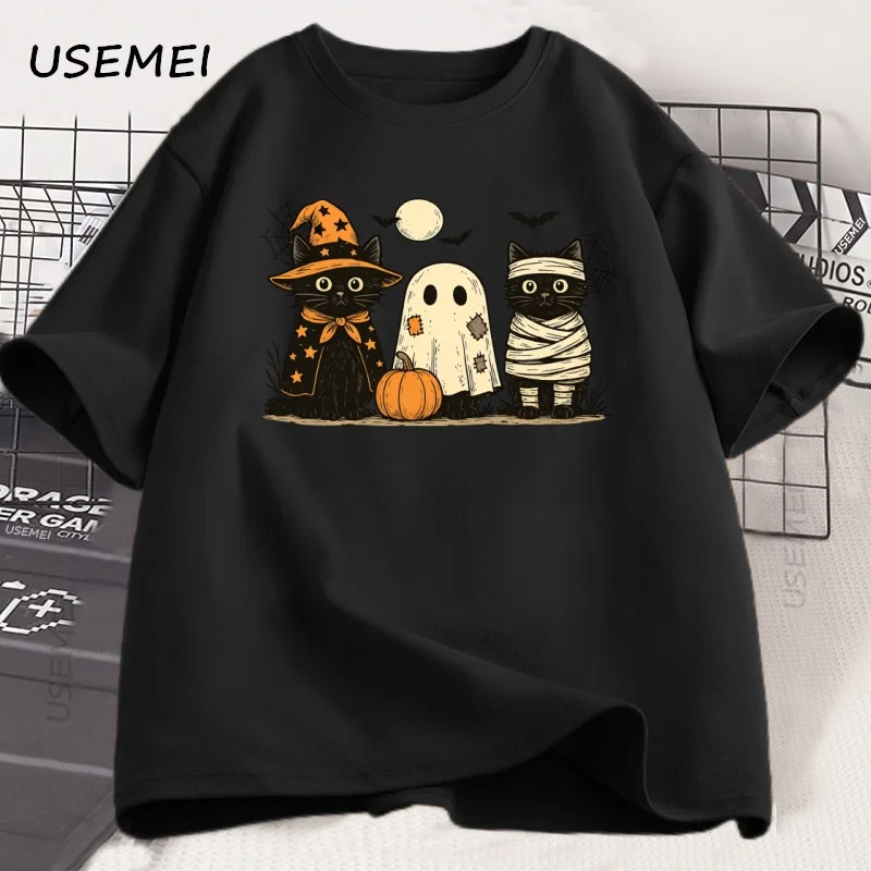أسود القط اليقطين التي شيرت أشباح القوطية الخريف القط ماما تي شيرت هالوين موسم مخيف تي شيرت مطبوع للجنسين القطن قصير الأكمام