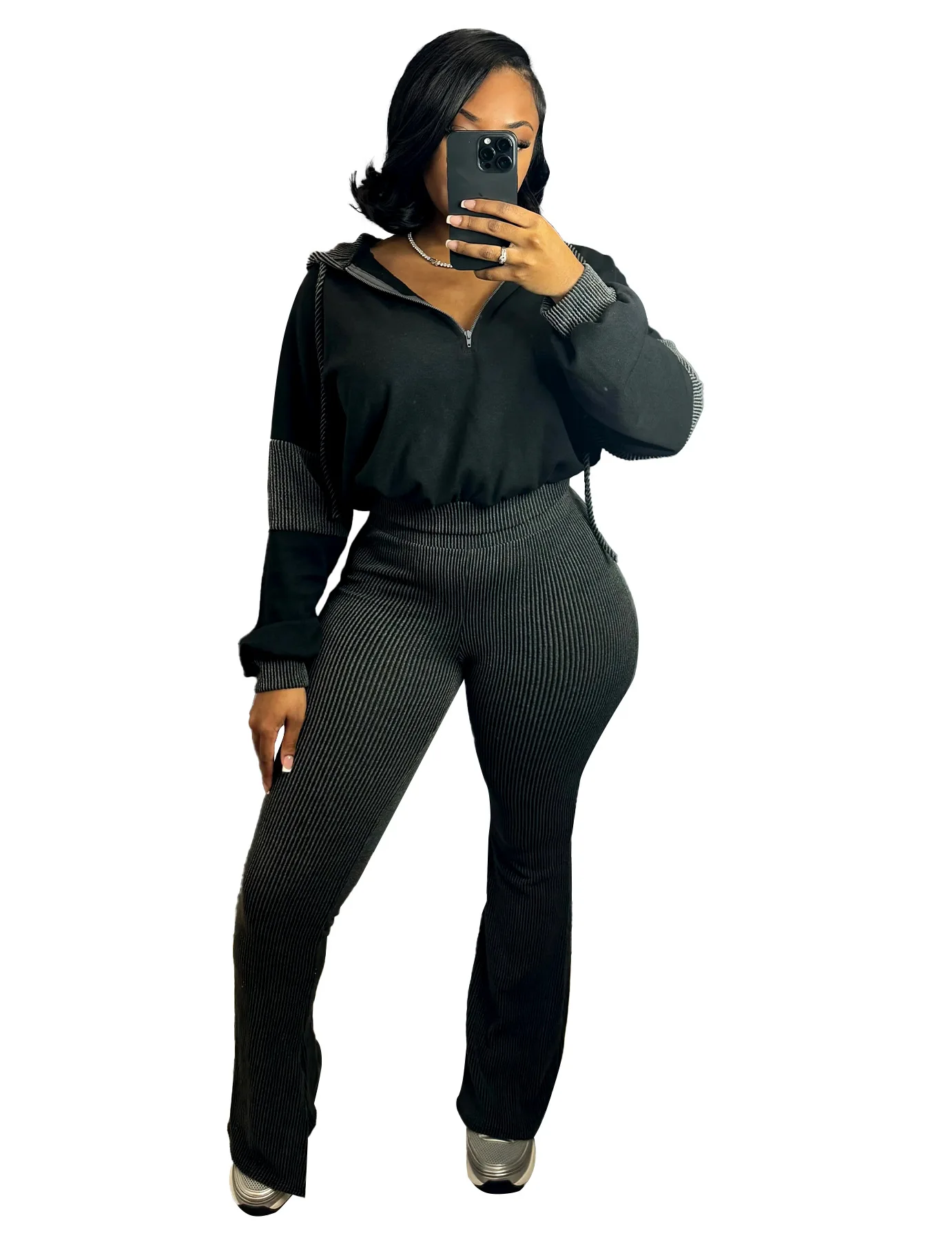 شعار مخصص الملابس النسائية الأوروبية والأمريكية تويست قطاع سترة الربط مقنعين جرس السراويل قطعتين مجموعة