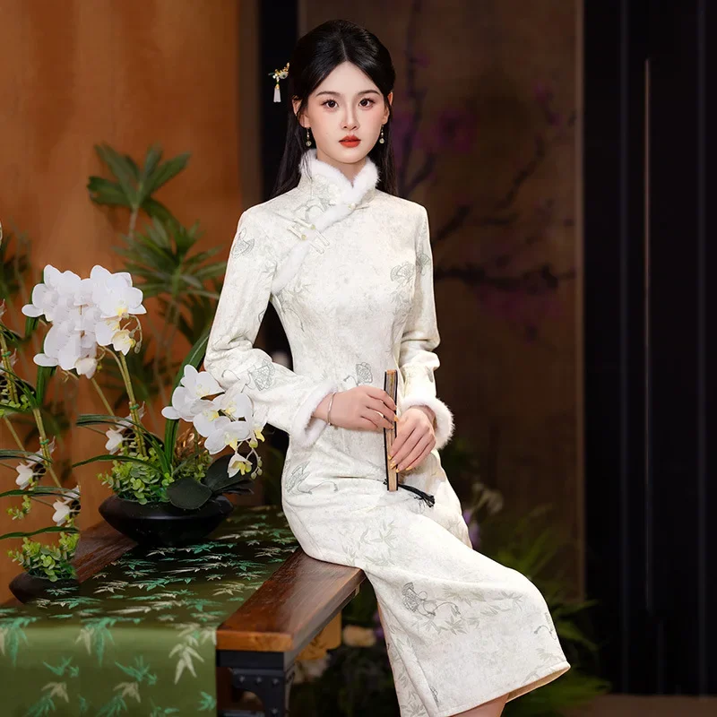 

Зимнее плотное китайское стильное китайское повседневное улучшенное платье Cheongsam в молодежном стиле для девочек в стиле ретро с длинными рукавами Qipao