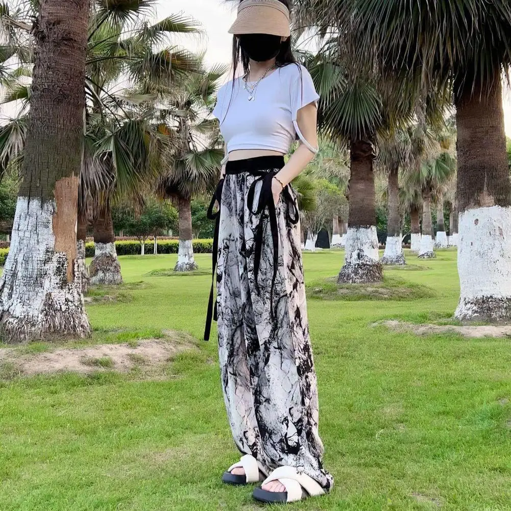 Chinese Style Ink Print Pants Chinese-style Ink Bamboo Print Chiffon Pants with Streamer Decoration Women's Wide Leg Summer