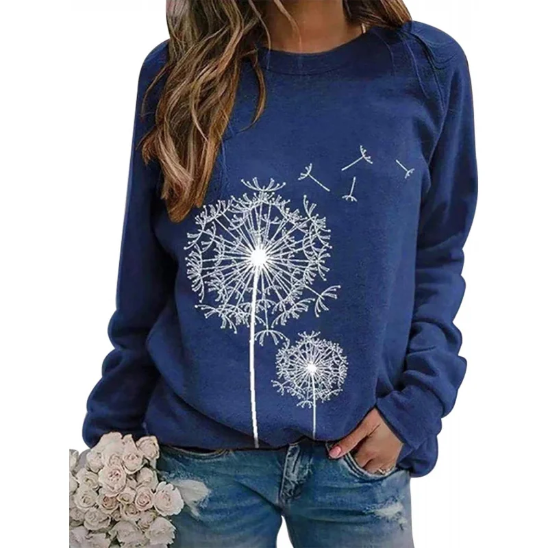 

Women's Dandelion Sports Shirt Casual Round Neck Loose Hoodie Long Sleeve Pattern T-Shirt Blue