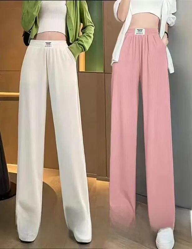 een Silk Wide Leg Pants Women's Summer Thin Straight Cut High Waist Drapey Slim Fit Casual Trousers Faionable plus Size