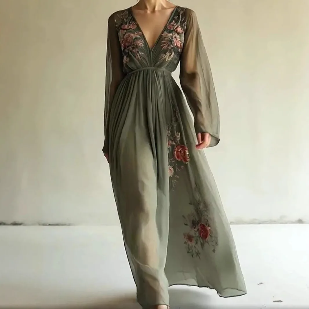 

2025 European and American Women's Clothing Printed Long-sleeved Long V-neck Dress Long Dress