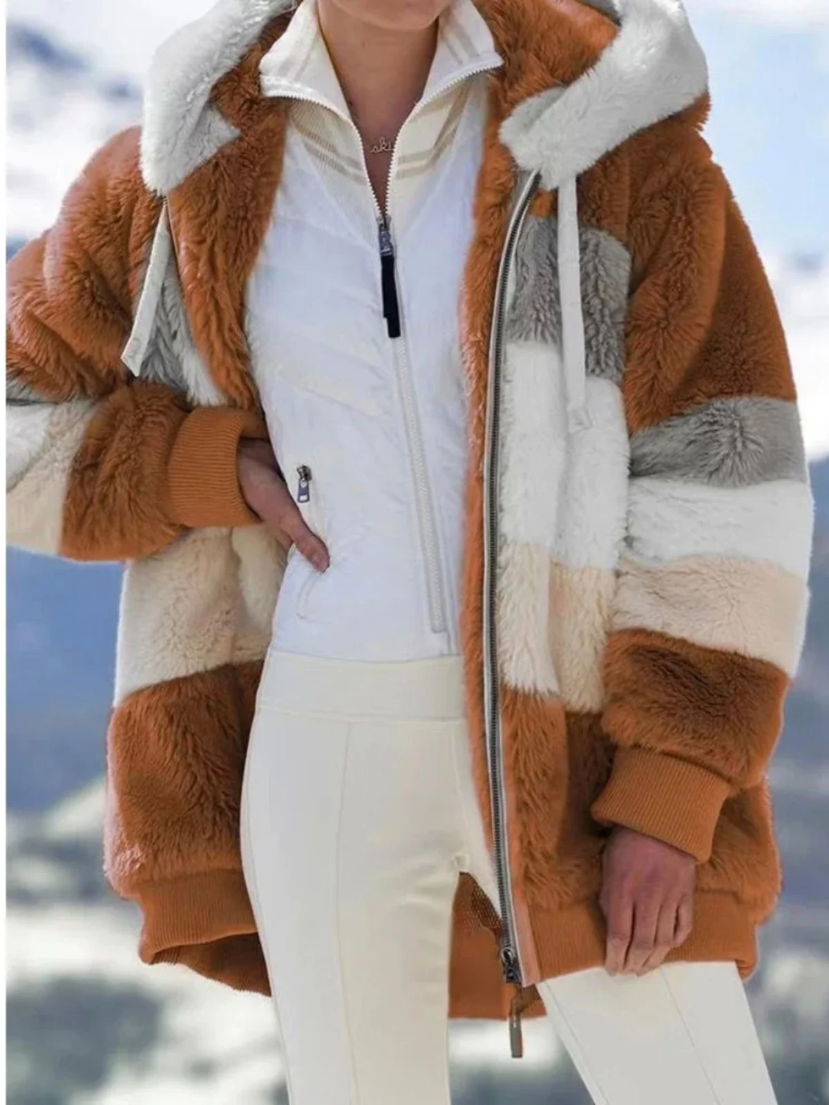 

Women's Long Sve Hooded Jaet Warm Outerwear Loose Fit Street Sle Coat Mid-Length Zipper Closure Autumn Season