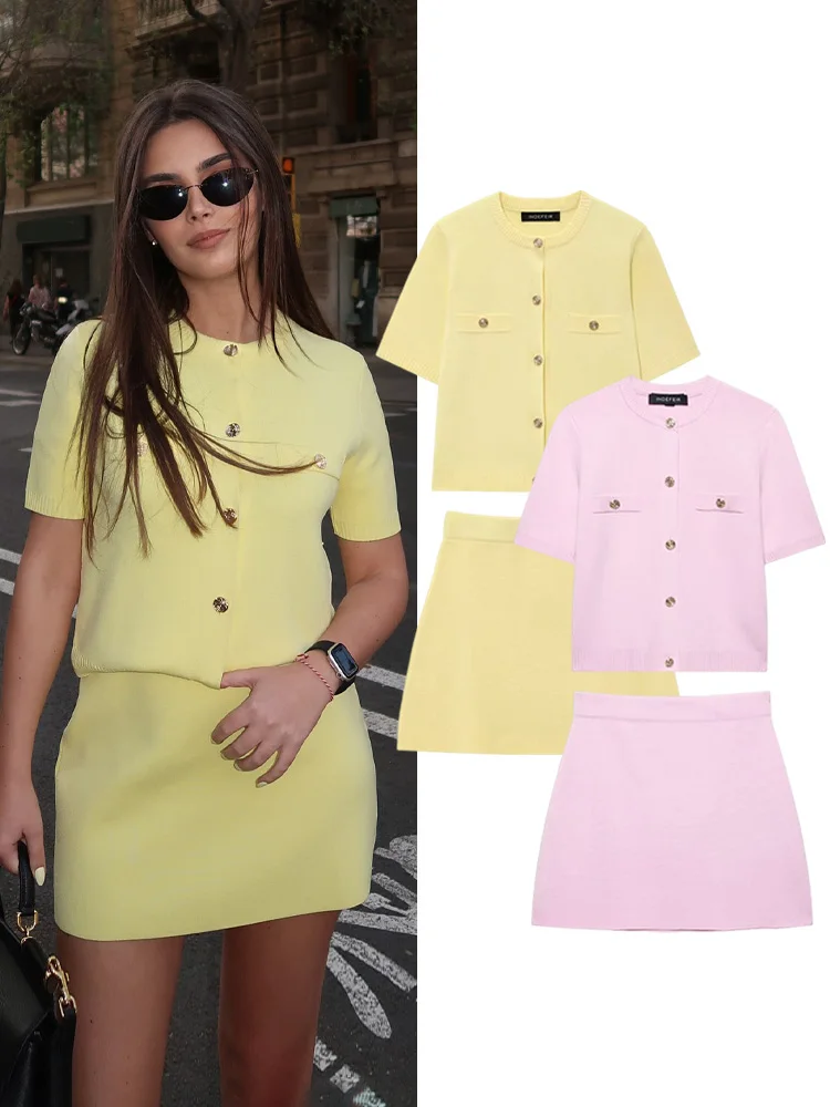 HH Women's Fashion Knitted Suit O-Neck Single-Breasted With Pocket Short Sleeve Top+Elastic Waist Solid Mini Skirt Set
