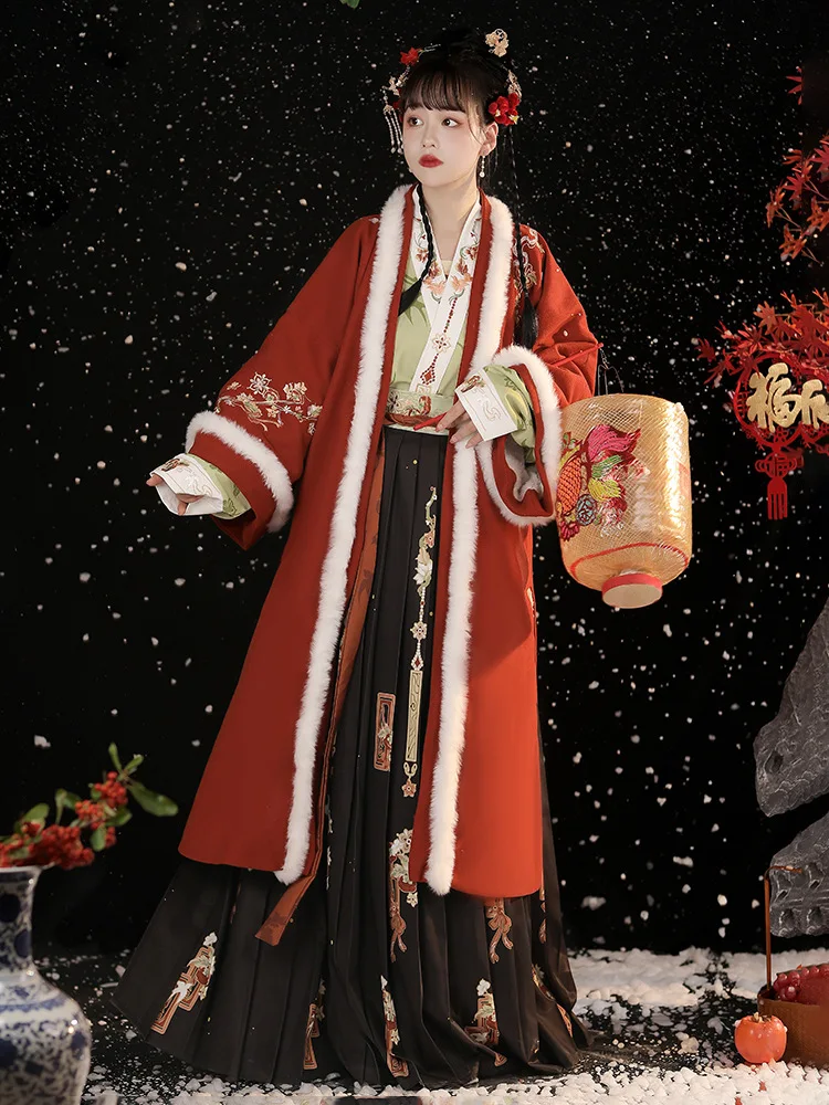 Hanfu rojo para mujer, abrigo largo de la dinastía Song, largo hasta la cintura, cuello cruzado, bordado diario, Otoño e Invierno