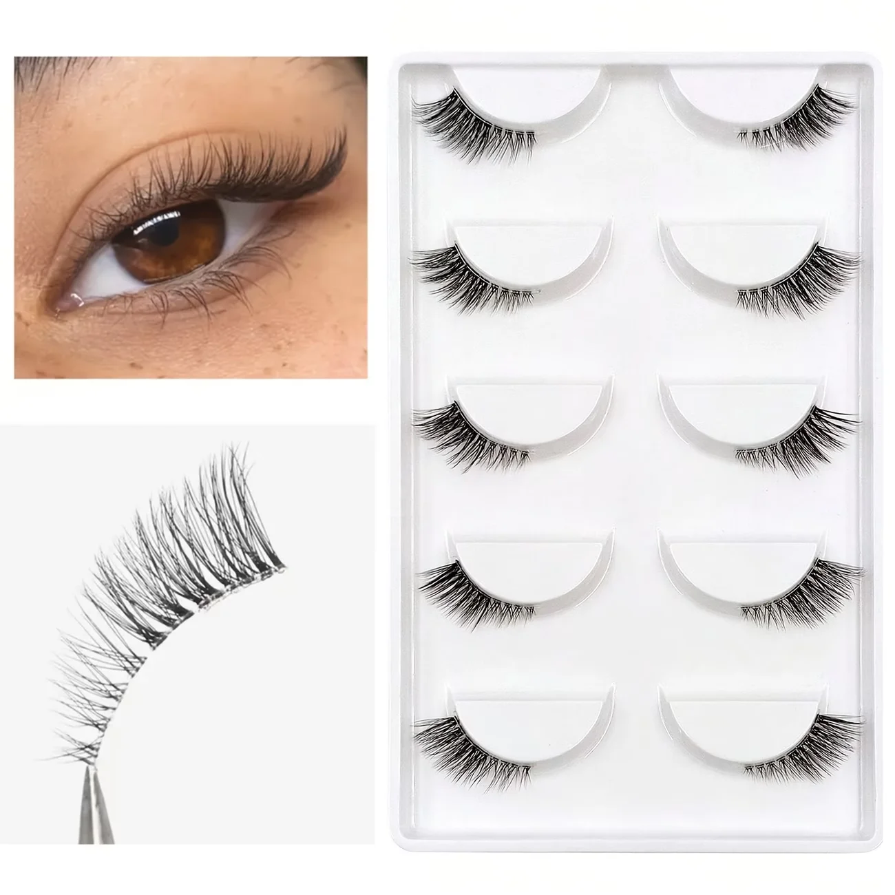 5 paires de demi-cils en bande – effet œil de chat, courbure naturelle, longueurs de 6 à 12 mm, aspect visible mais naturel, rehausse la beauté des yeux
