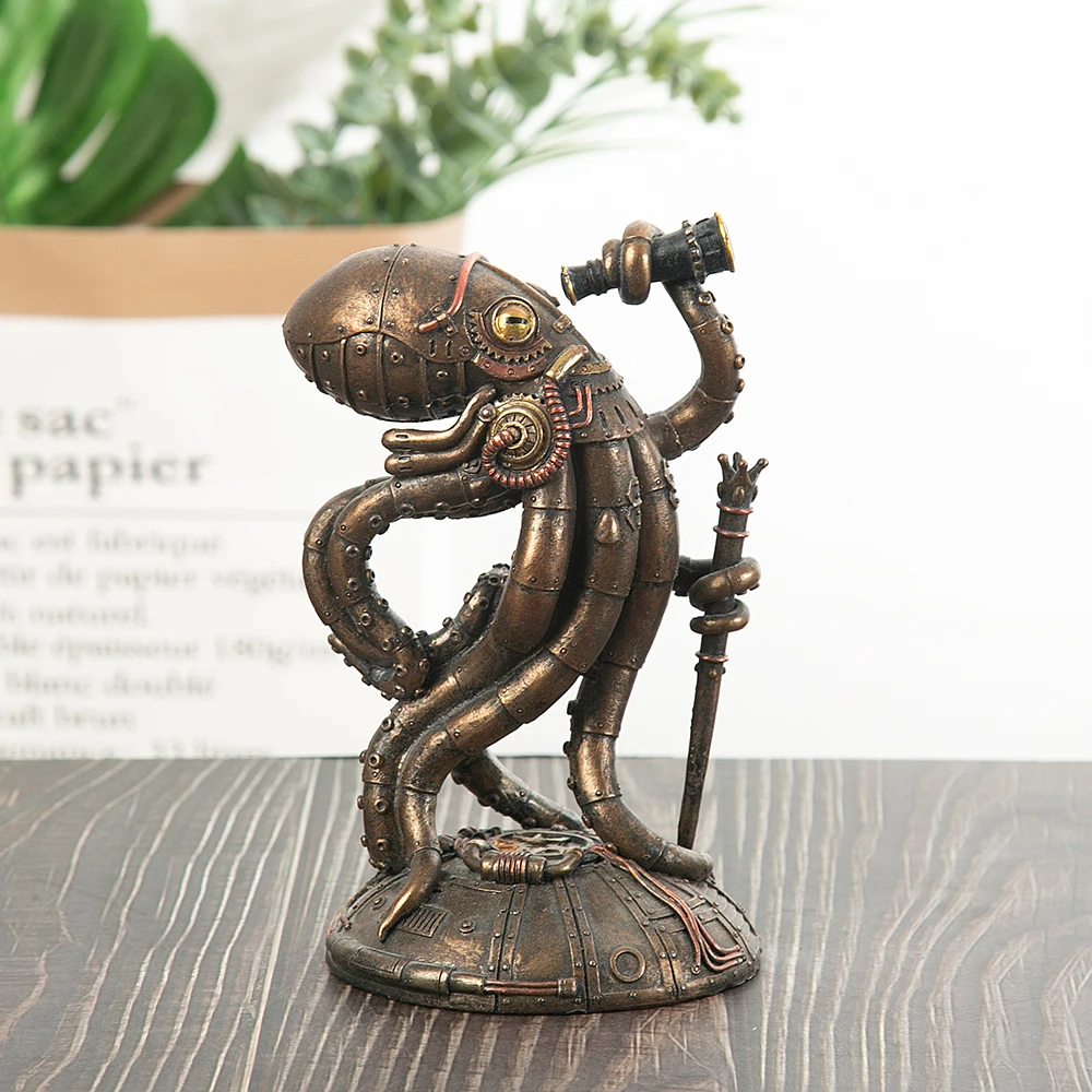 Steampunk Octopus Resin Statue Vintage Mechanical Sea Creature Figurine Retro Octopus Sculpture Desk Decor Gift
