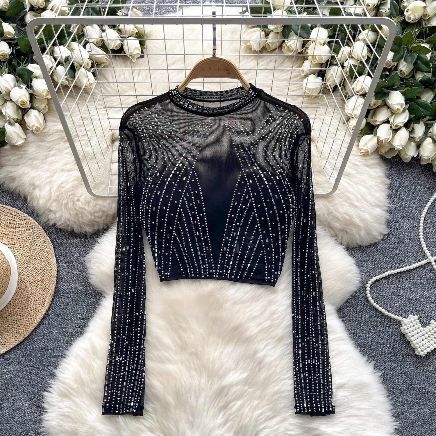 2025แฟชั่นHotsweetฤดูร้อนตาข่ายเสื้อยืดผู้หญิงครึ่งเปิดคอเพชรSheer Slimเซ็กซี่StreetwearบางCrop Tops