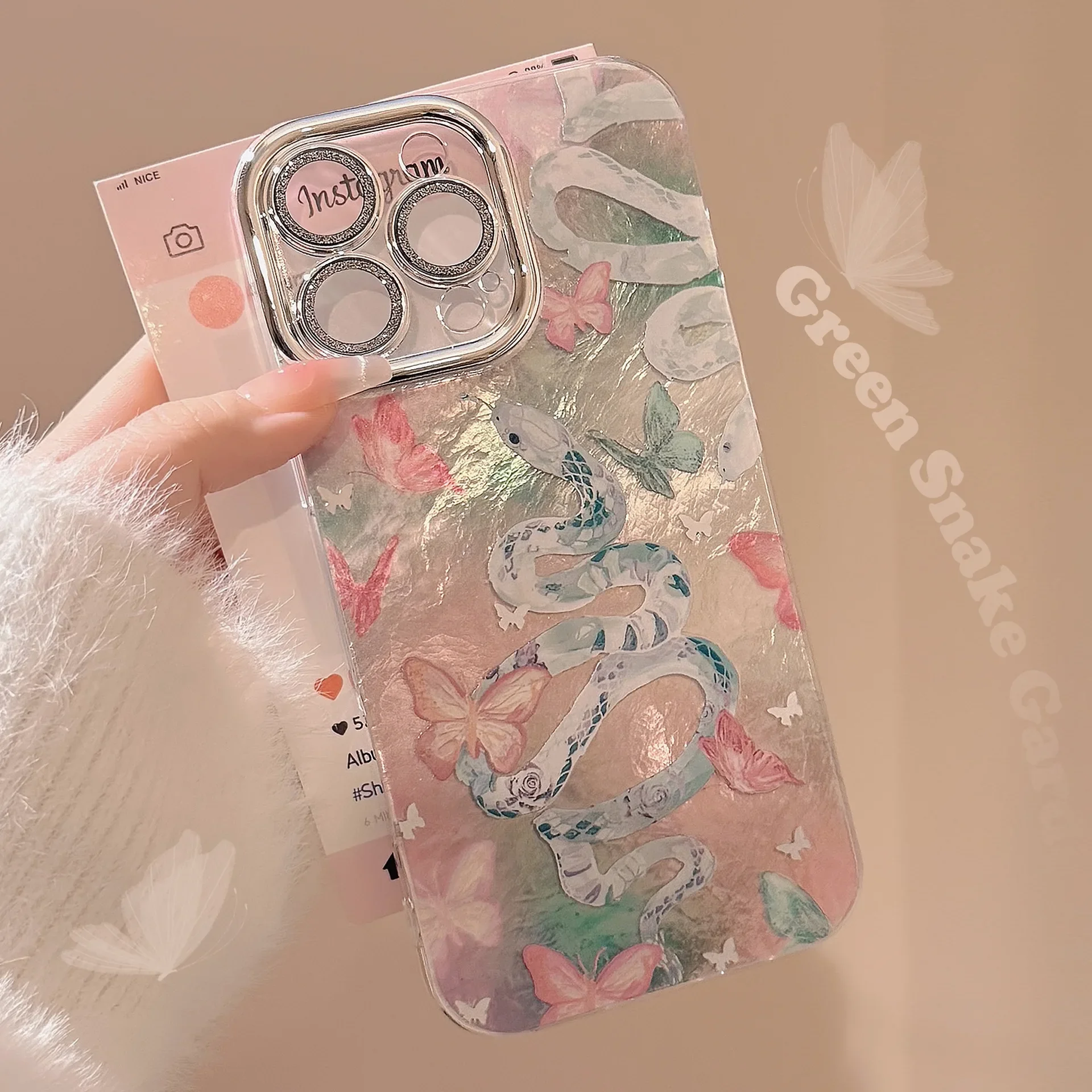 Pink Snake Butterfly Camlet Handyhülle für iPhone 16e 11 12 13 14 15 Pro Max 7 8 Plus XR XS X Glitzer-Linsenfolie, stoßfeste Abdeckung