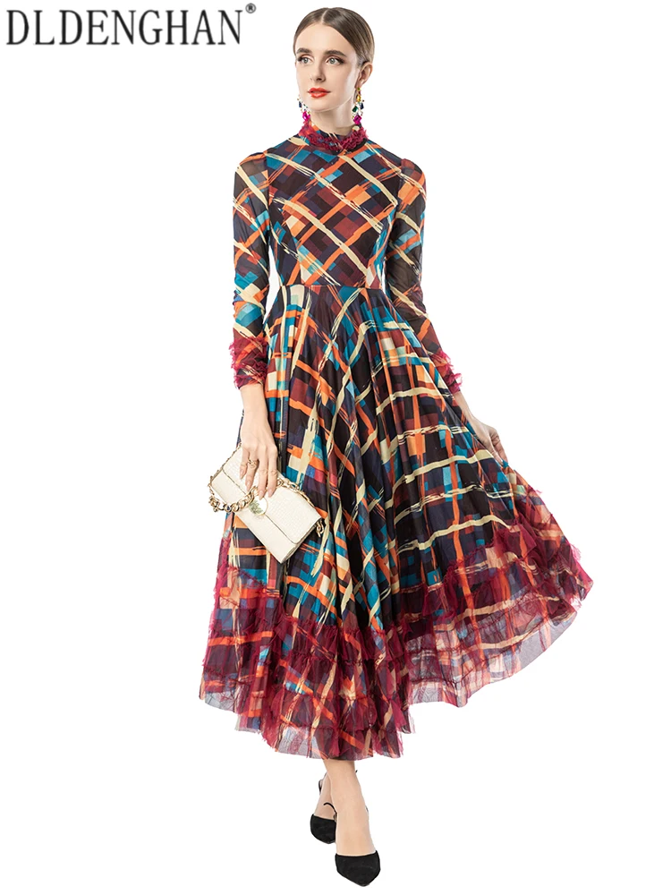 DLDENGHAN المرأة منقوشة طباعة الوقوف طوق فستان بكم طويل الكشكشة أنيقة فستان حفلة الخريف المألوف الإناث فستان طويل #3