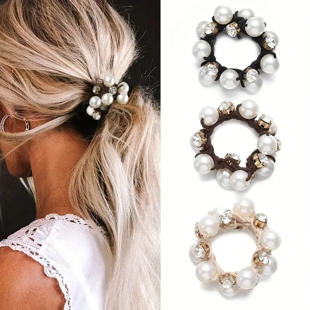 3 szt. Gumek do włosów z perłami i brokatowymi cyrkoniami, retro scrunchies dla kobiet