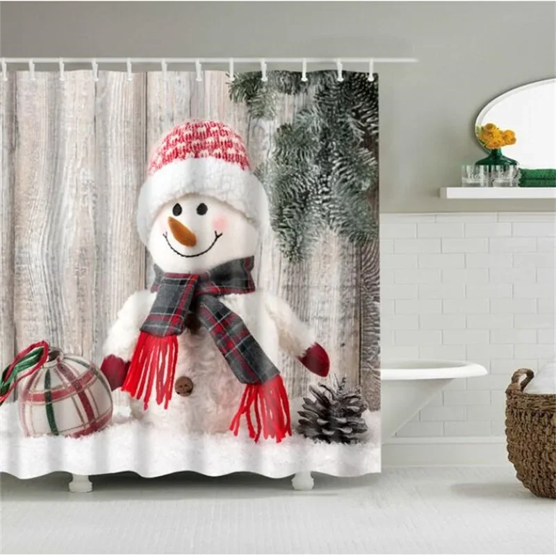 Merry Christmas Shower Curtain Christmas Home Decor Snowman Santa Claus Bathroom Curtain Polyester Fabric Bath Screen with Hooks