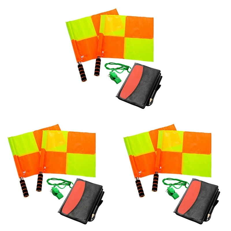 

6X Soccer Referee Kit Football Checkered Soccer Flags Wallet Notebook With Red Yellow Card And Whistle