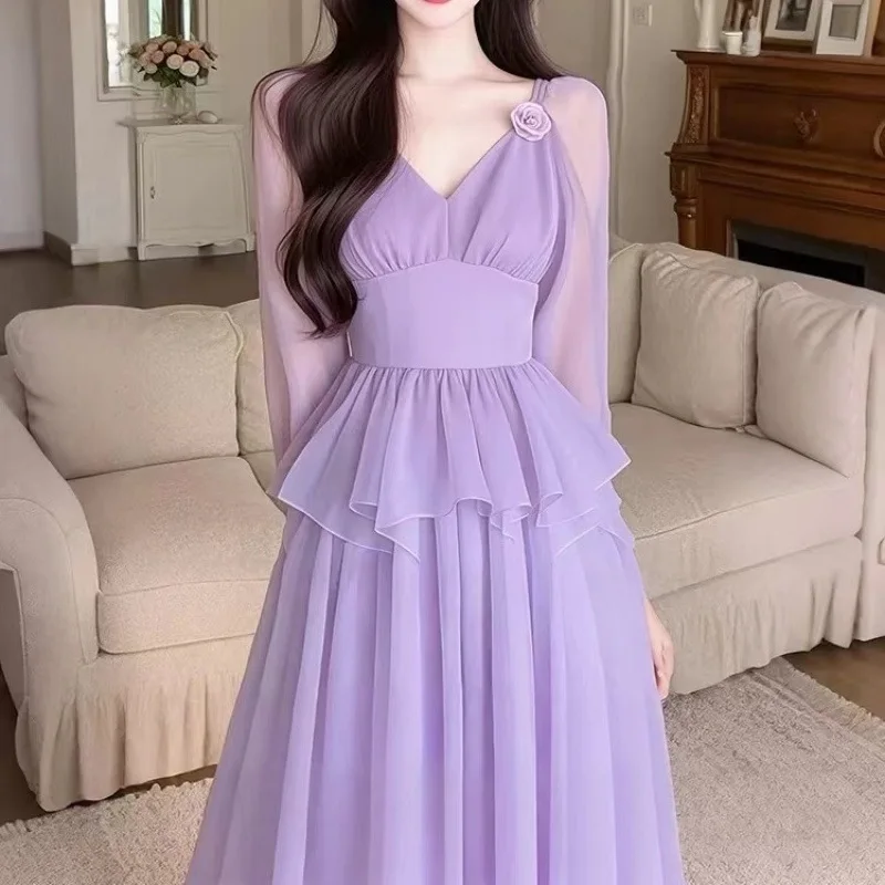 

Dress 2025 Women's Spring New Fashionable Explosive French Hepburn Style Purple Waist 3D Flower