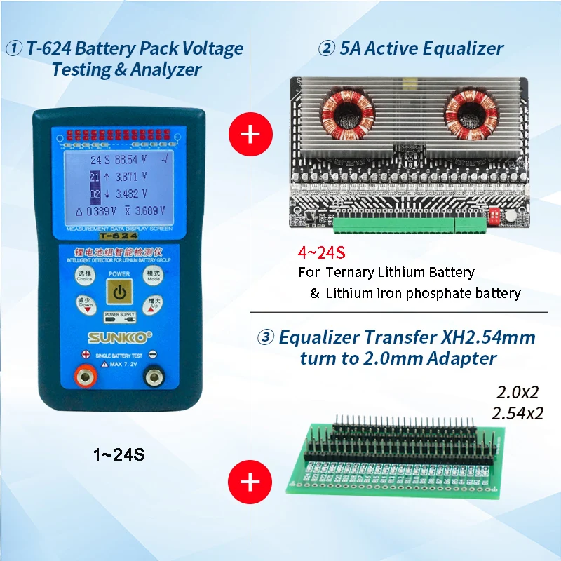 SUNKKO T624 lithium battery pack tester 5A active equalization board suit differential pressure intelligent detection analyzer