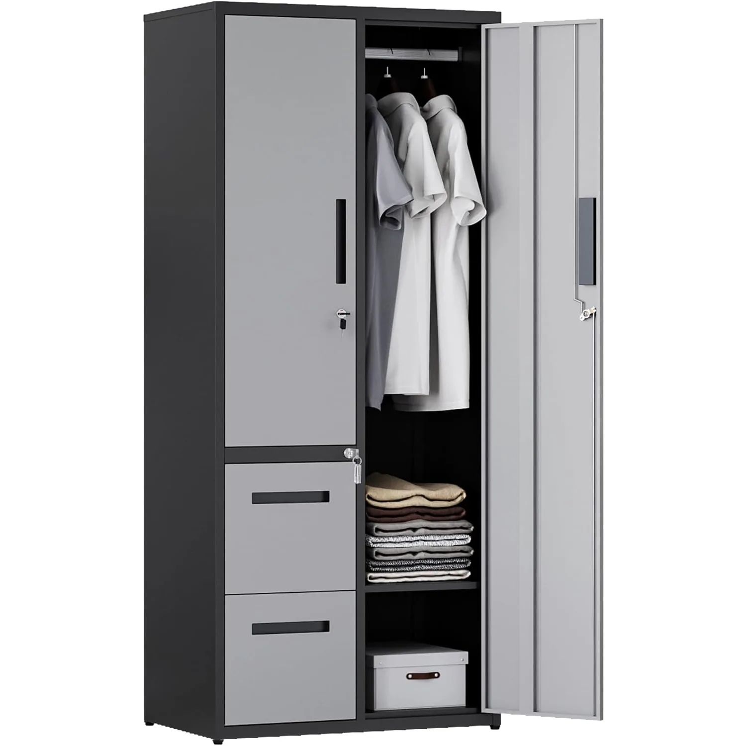 Metal Storage Cabinets with Drawers, Staff Locker with Lock Door and Shelves-Wardrobe Clothing/File/Tool Storage (Grey Black)